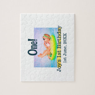 One first birthday photo modern add name date jigsaw puzzle
