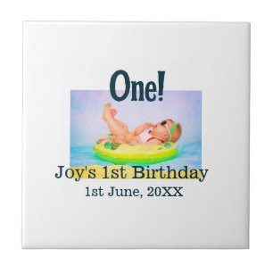 One first birthday photo modern add name date tile