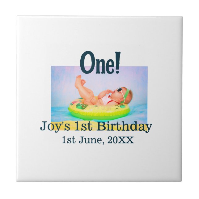 One first birthday photo modern add name date  tile (Front)
