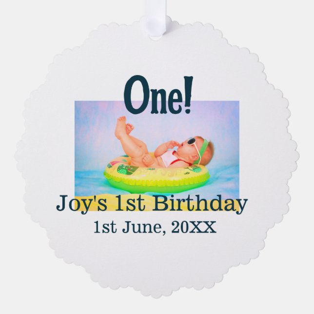 One first birthday photo modern add name date  tree decoration card (Front)