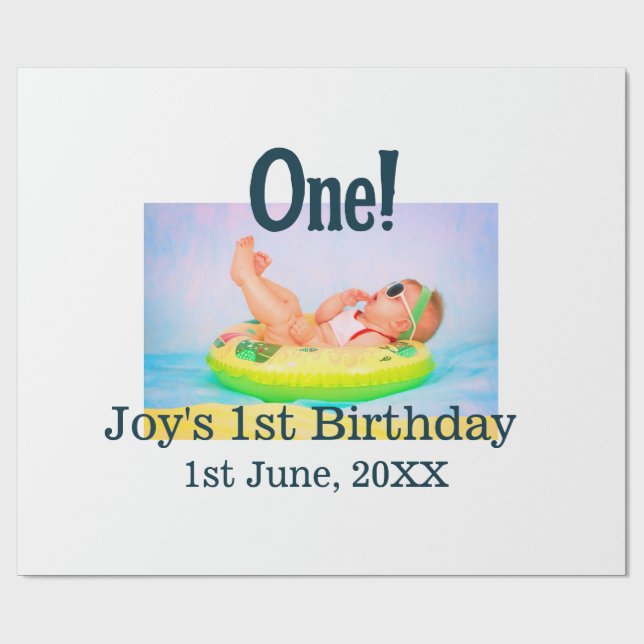 One first birthday photo modern add name date  wrapping paper (Flat)