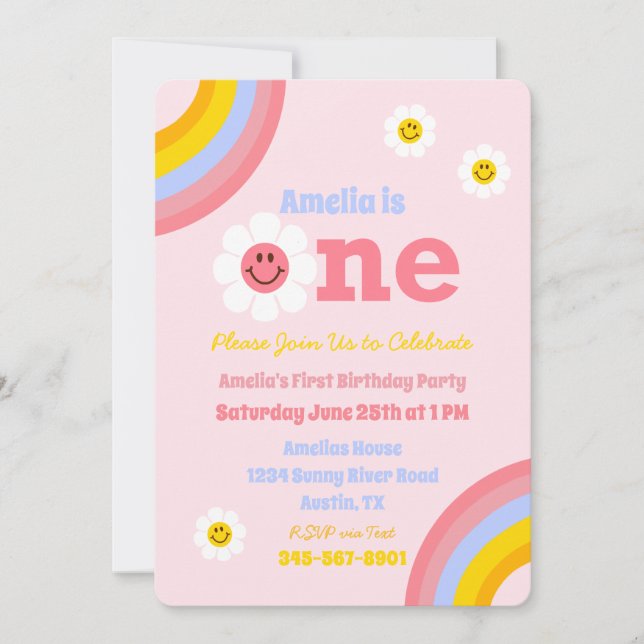 One First Birthday Smile Daisy Cute Pastel Girls Invitation (Front)