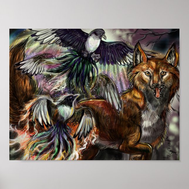 One for Sorrow Magpie and Fox Digital Illustration Poster (Front)