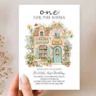 One For The Books Pink Watercolor 1st Birthday Invitation