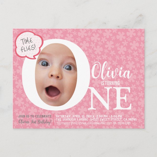 One fun baby photo pink flower birthday Invitation Postcard (Front)