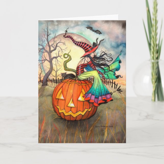 One Giant Pumpkin Witch Cat Halloween Art Card (Front)