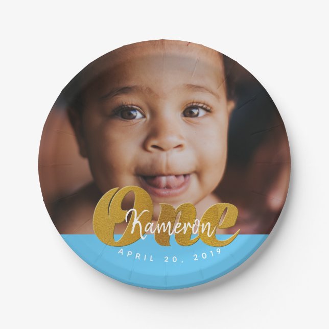 ONE | Gold Shimmer |First Birthday Photo Paper Plate (Front)