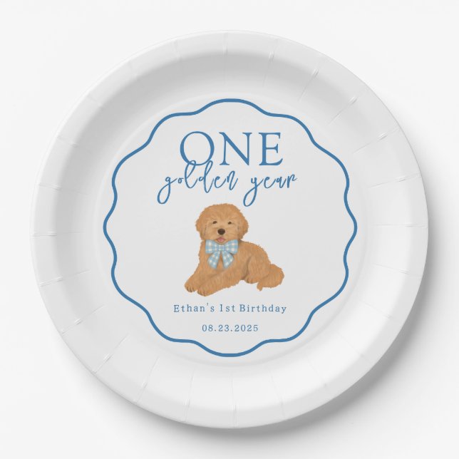 One Golden Year Doodle Puppy First Birthday Party Paper Plate (Front)