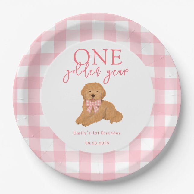 One Golden Year Golden Doodle Girls Birthday Paper Plate (Front)