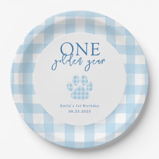 One Golden Year Golden Retriever Boys Birthday Paper Plate (Front)