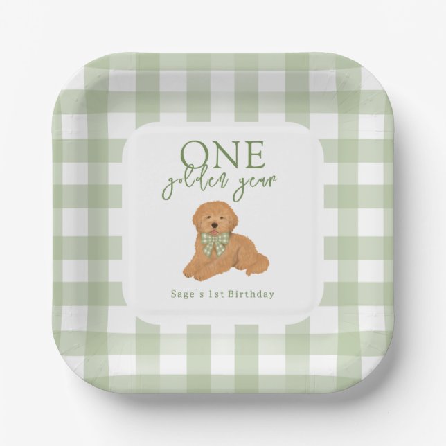 One Golden Year Goldendoodle Birthday Paper Plate (Front)