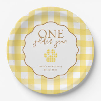 One Golden Year Paw Print First Birthday Party Paper Plate