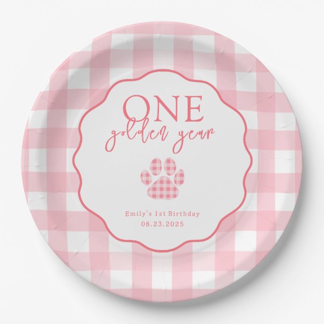 One Golden Year Paw Print First Birthday Party Paper Plate (Front)
