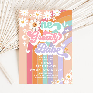 One Groovy Babe 1st Daisy Rainbow Birthday Invitation