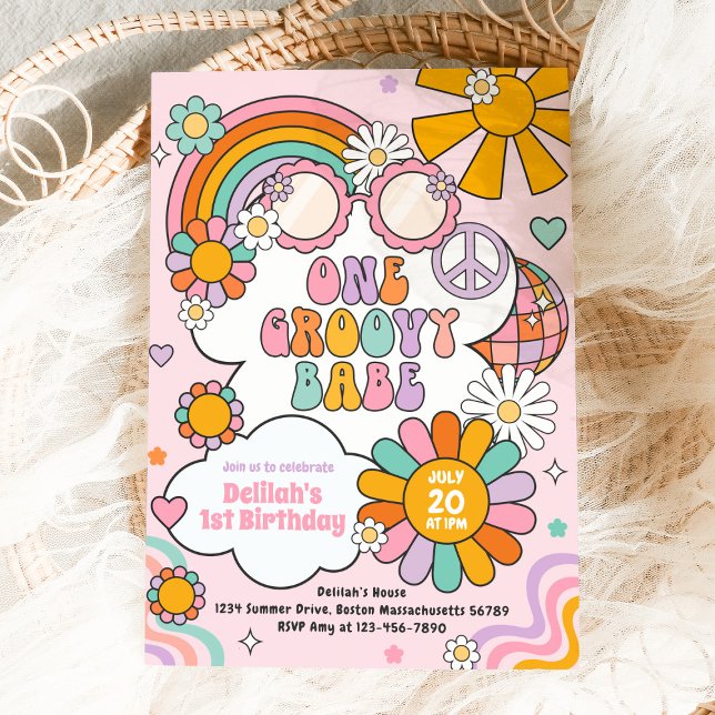 One Groovy Babe 70s Flower Power Rainbow Birthday Invitation (Creator Uploaded)
