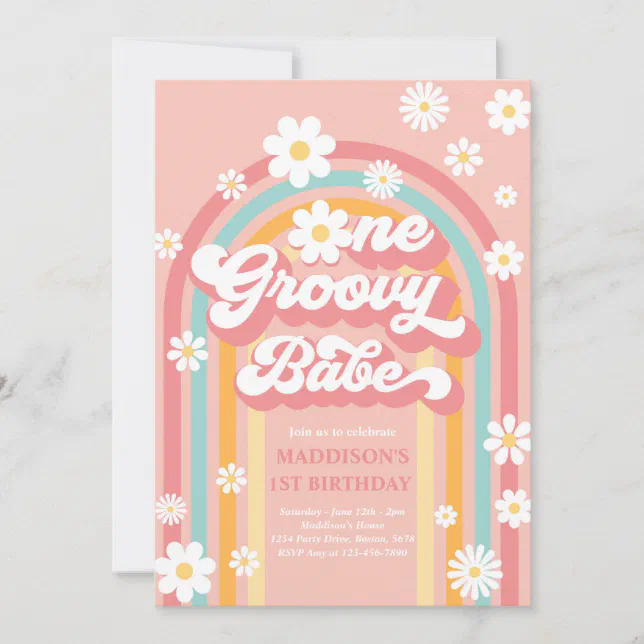 One Groovy Babe Boho Daisy Rainbow 1st Birthday Invitation | Zazzle