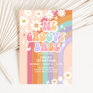 One Groovy Babe Daisy Rainbow Retro 1st Birthday Invitation