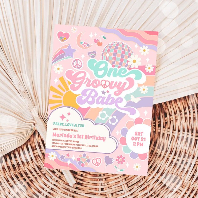One Groovy Babe Disco Rainbow Sun 1st Birthday Invitation (Creator Uploaded)