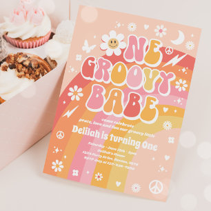 One Groovy Babe Peace Love Party Rainbow Birthday  Invitation
