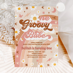One Groovy Babe Peace Love Party Rainbow Birthday  Invitation