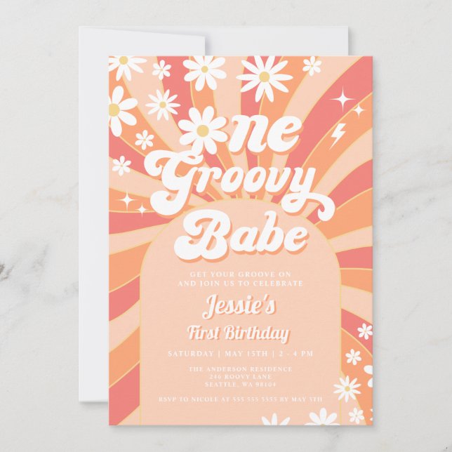 One Groovy Babe Pink Daisy 70s Floral 1st Birthday Invitation (Front)