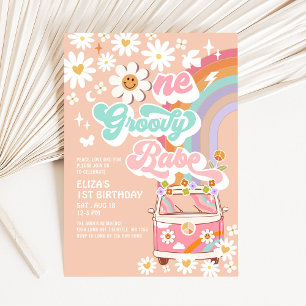 ONE Groovy Babe Pink Daisy Rainbow 1st Birthday Invitation