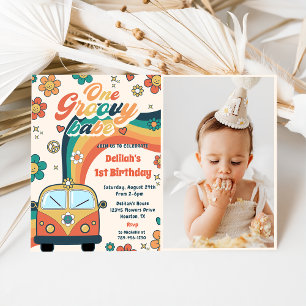 One Groovy Babe Retro Floral 1st Birthday Photo Invitation
