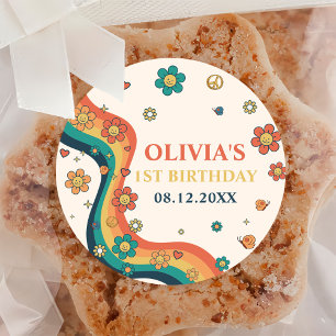 One Groovy Babe Retro Rainbow 1st Birthday Classic Round Sticker