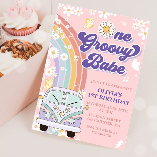 One Groovy Babe Retro Rainbow 1st Birthday Invitation (Creator Uploaded)