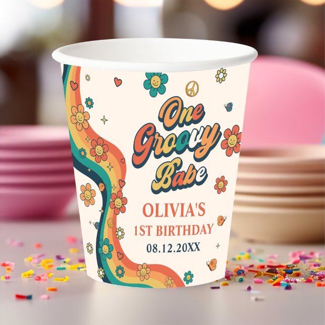 One Groovy Babe Retro Rainbow 1st Birthday Paper Cups (Creator Uploaded)