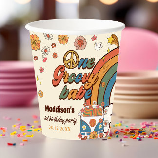 One Groovy Babe Retro Rainbow 1st Birthday Paper Cups