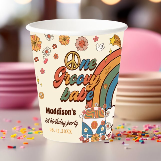 One Groovy Babe Retro Rainbow 1st Birthday Paper Cups (Creator Uploaded)