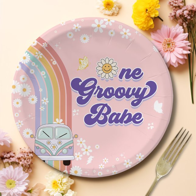 One Groovy Babe Retro Rainbow 1st Birthday Paper Plate (Creator Uploaded)