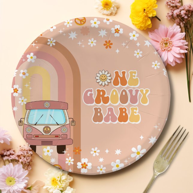One Groovy Babe Retro Rainbow 1st Birthday Paper Plate (Creator Uploaded)