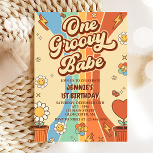 One Groovy Babe Retro Rainbow 1st Birthday Party Invitation