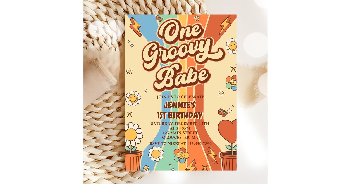 One Groovy Babe Retro Rainbow 1st Birthday Party Invitation | Zazzle
