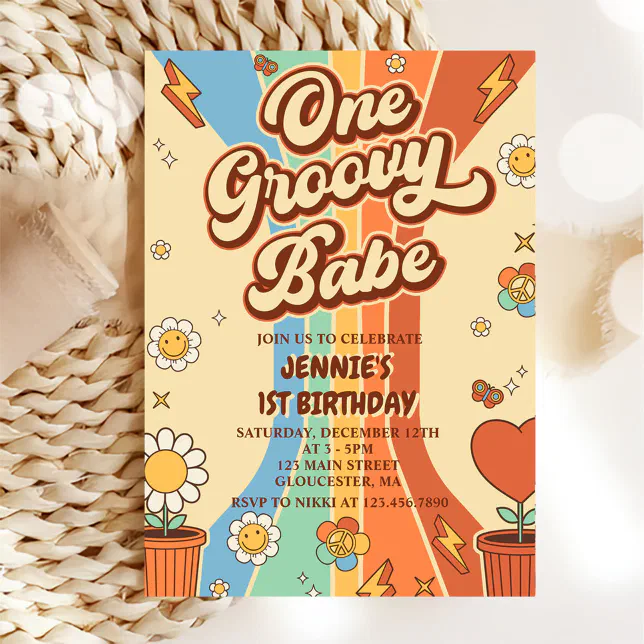 One Groovy Babe Retro Rainbow 1st Birthday Party Invitation | Zazzle