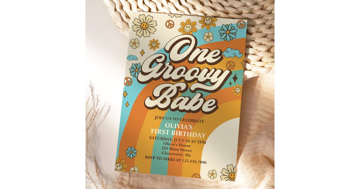 One Groovy Babe Retro Rainbow 1st Birthday Party Invitation | Zazzle