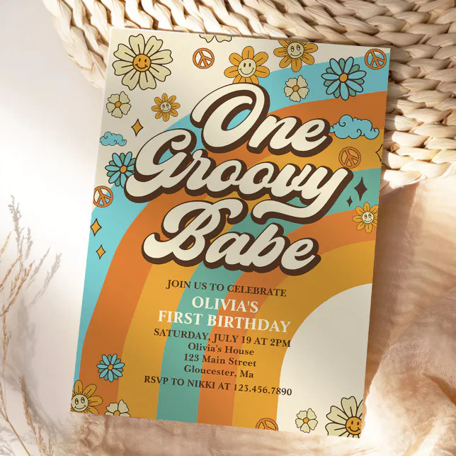 One Groovy Babe Retro Rainbow 1st Birthday Party Invitation | Zazzle
