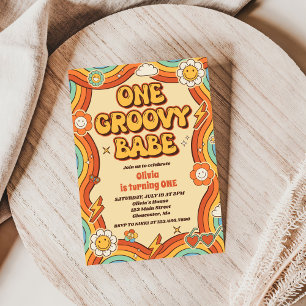 One Groovy Babe Retro Rainbow 1st Birthday Party Invitation