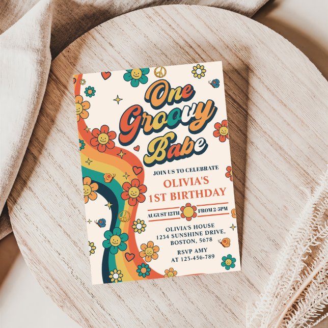 One Groovy Babe Retro Rainbow 1st Birthday Party Invitation (Creator Uploaded)