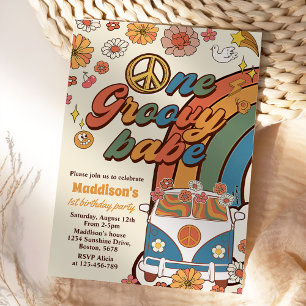 One Groovy Babe Retro Rainbow 1st Birthday Party Invitation