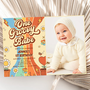 One Groovy Babe Retro Rainbow 1st Birthday Photo Invitation