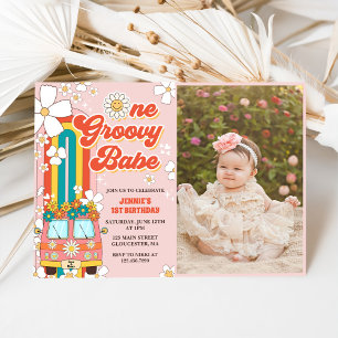One Groovy Babe Retro Rainbow 1st Birthday Photo Invitation