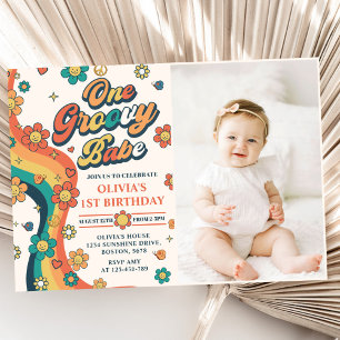 One Groovy Babe Retro Rainbow 1st Birthday Photo Invitation