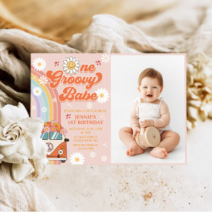 One Groovy Babe Retro Rainbow 1st Birthday Photo Invitation