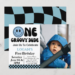 One Groovy Dude Boy 1st Birthday Photo Invitation