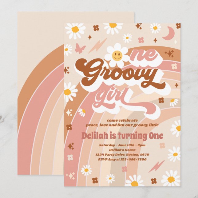 One Groovy Girl Peace Love Party Rainbow Birthday Invitation (Front/Back)