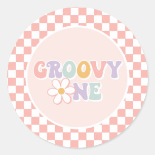 One Groovy girl Pink Daisy Chequered Classic Round Sticker