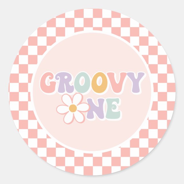 One Groovy girl Pink Daisy Chequered Classic Round Sticker (Front)